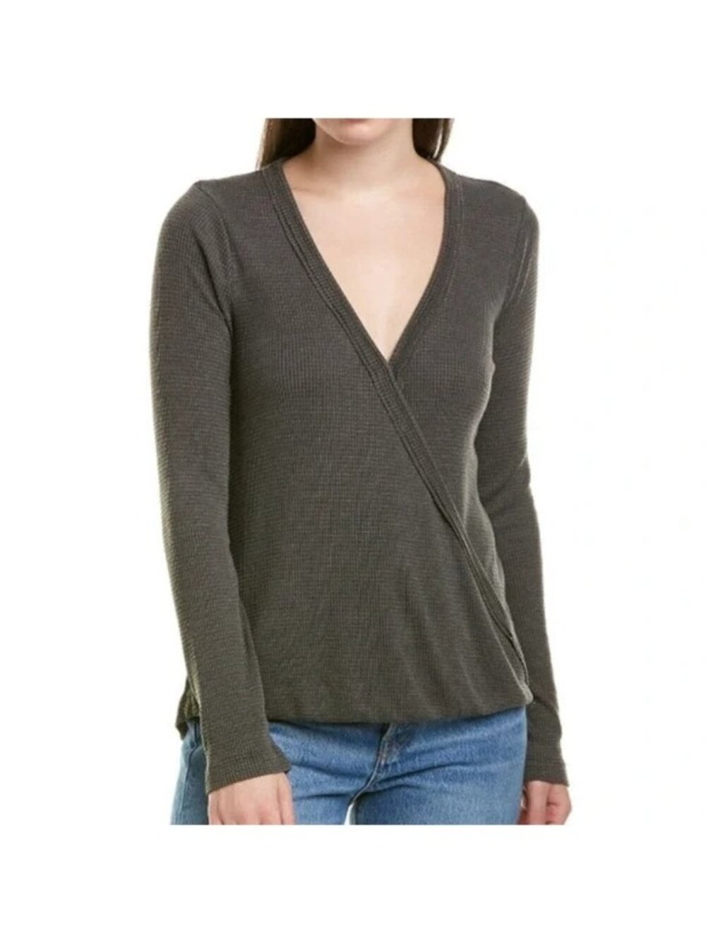 Splendid Surplice Waffle Knit Long Sleeve Top Size Small Faux Wrap Charcoal Gray